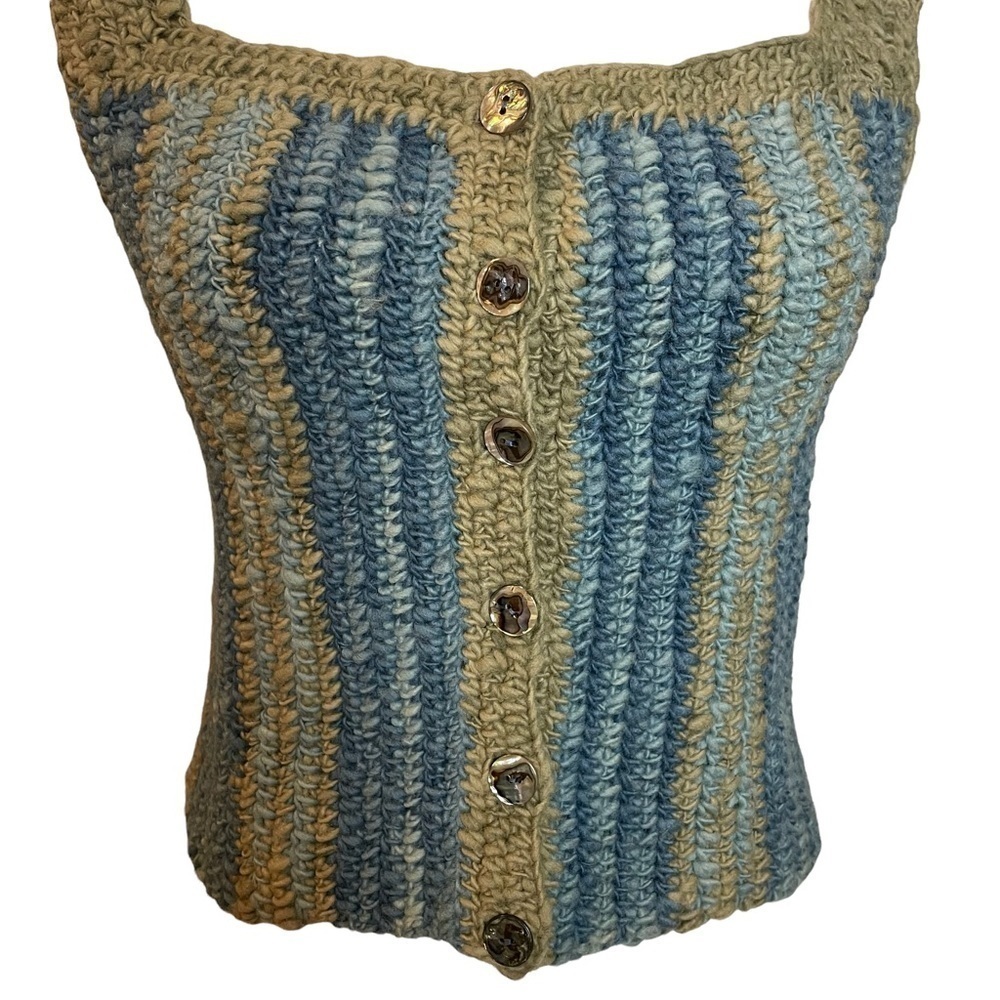 Crochet Button front Handmade Cropped Top w/ Abalone Buttons - Picture 3 of 13